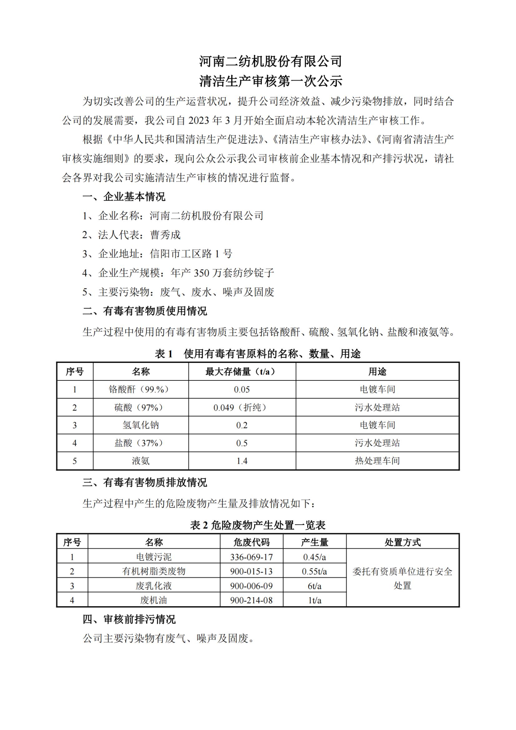 河南二纺机股份有限公司清洁生产审核第一次公示